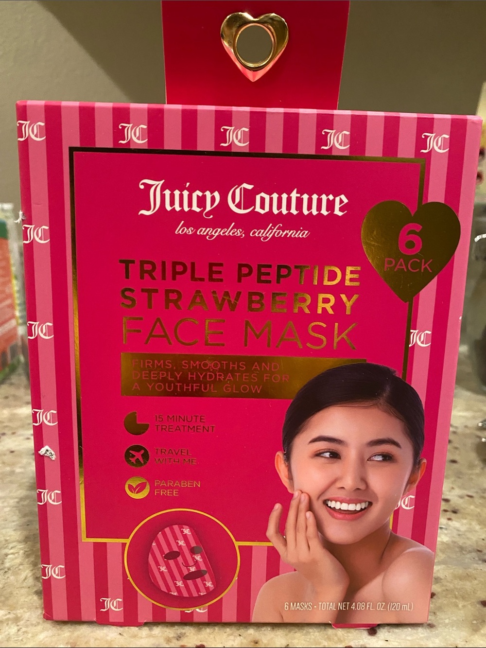 Juicy Couture Pink & Gold Triple Peptide Strawberry Face Mask - 6 Pack NWT